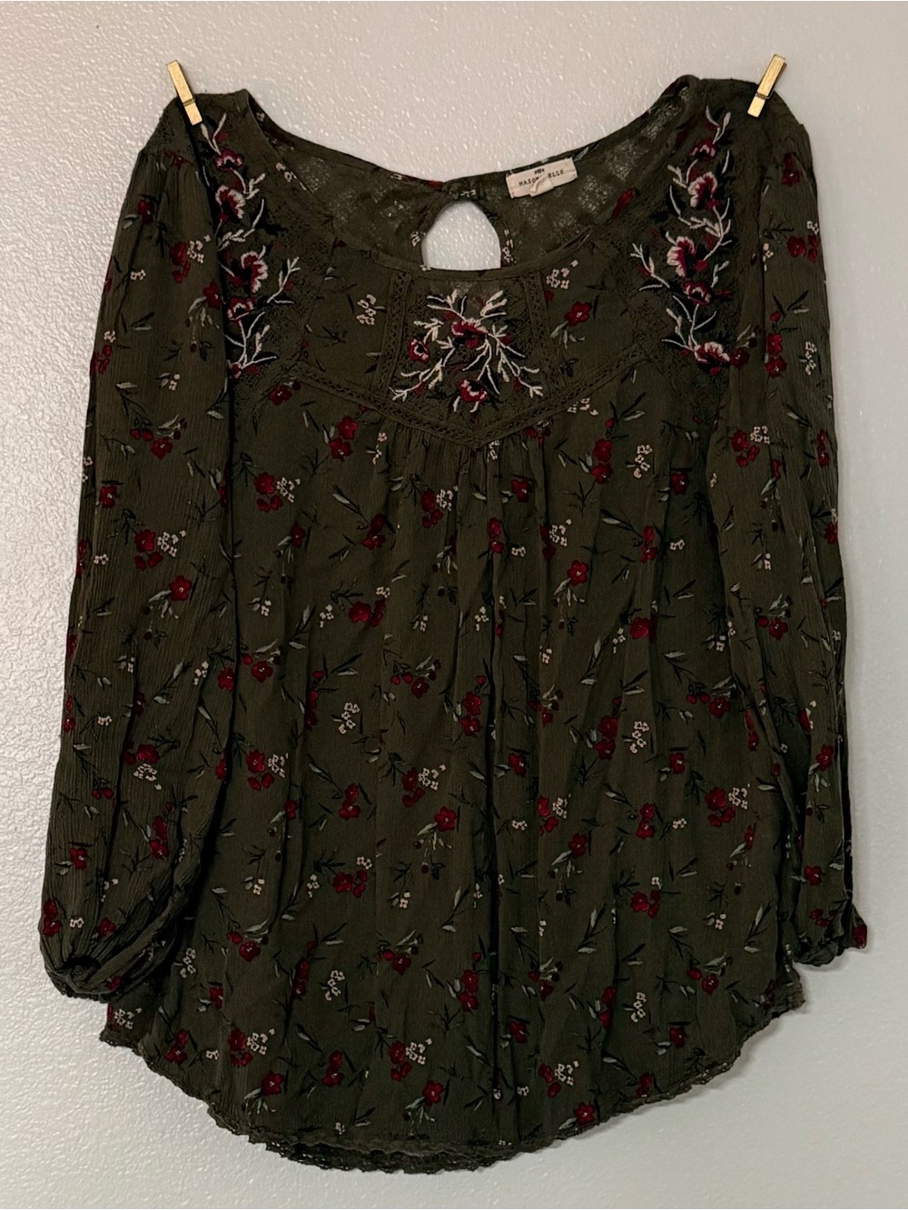 Mason & Belle Olive Green Floral Embroidered Lace Boho Blouse M